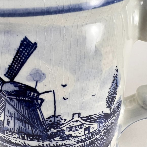 Vintage Delft Blue Beer Stein Mug Windmill Floral Hand Painted Ceramic 32 oz - Picture 13 of 16